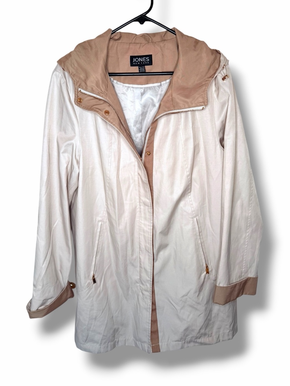 Jones New York Two-Tone Cream and Tan Hooded Waterproof Trench Coat - Picture 1 of 11